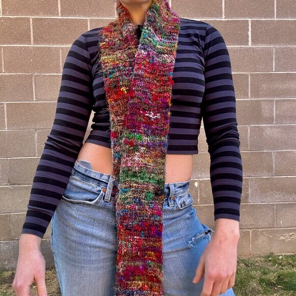 Recycled Silk Colorful Hand-Knit Furry Long Scarf - Picture 5 of 8